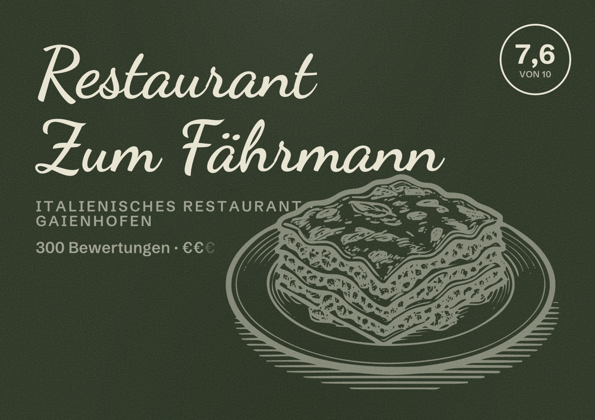 Illustriertes Poster von Restaurant Zum Fährmann, Italienisches Restaurant in Gaienhofen: Bewertung 7,6 von 10 aus 300 Bewertungen, Preisniveau €€
