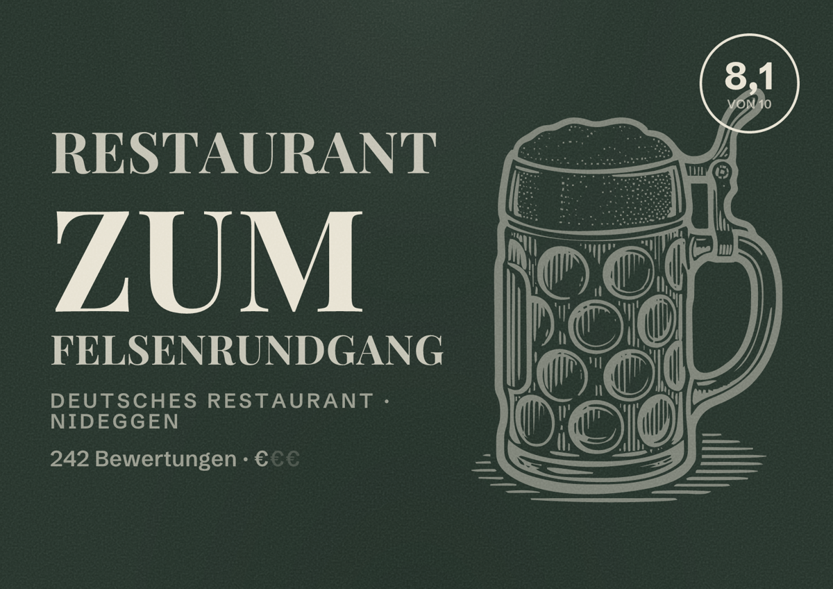 Illustriertes Poster von Restaurant Zum Felsenrundgang, Deutsches Restaurant in Nideggen: Bewertung 8,1 von 10 aus 242 Bewertungen, Preisniveau €
