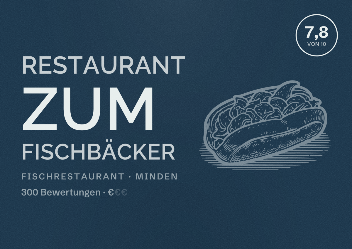 Illustriertes Poster von Restaurant Zum Fischbäcker, Fischrestaurant in Minden: Bewertung 7,8 von 10 aus 300 Bewertungen, Preisniveau €
