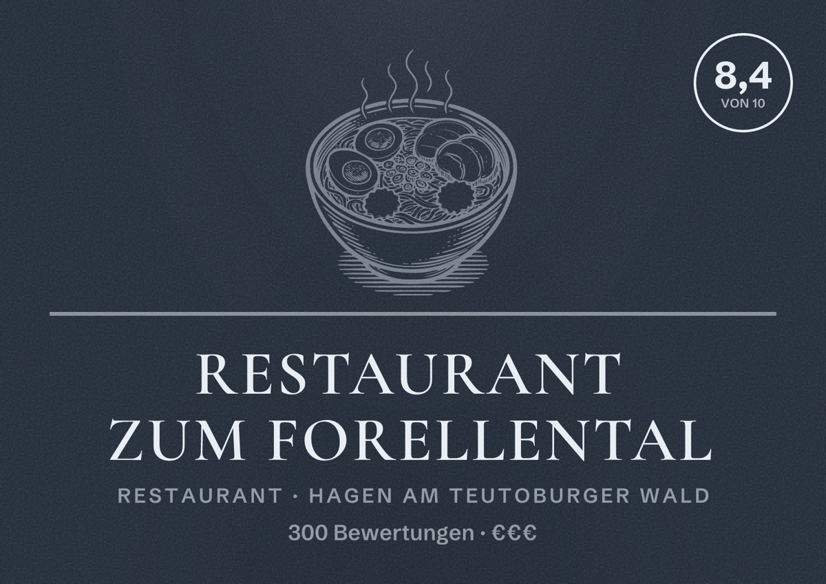 Illustriertes Poster von Restaurant zum Forellental, Restaurant in Hagen am Teutoburger Wald: Bewertung 8,4 von 10 aus 300 Bewertungen, Preisniveau €€€