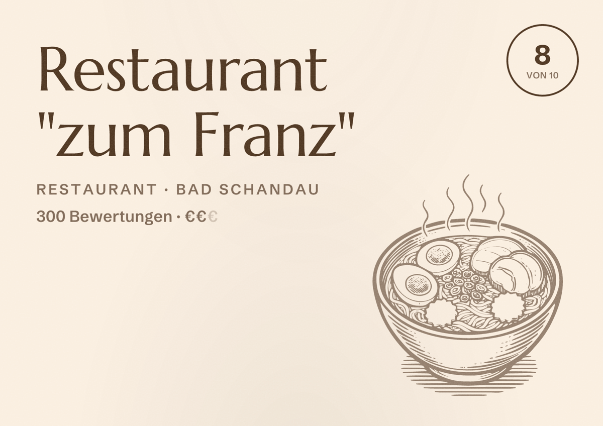 Illustriertes Poster von Restaurant "zum Franz", Restaurant in Bad Schandau: Bewertung 8 von 10 aus 300 Bewertungen, Preisniveau €€