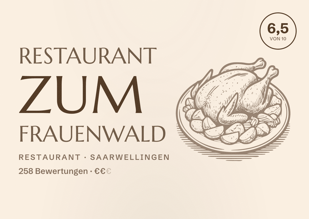 Illustriertes Poster von Restaurant Zum Frauenwald, Restaurant in Saarwellingen: Bewertung 6,5 von 10 aus 258 Bewertungen, Preisniveau €€