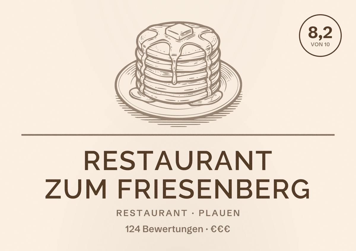 Illustriertes Poster von Restaurant Zum Friesenberg, Restaurant in Plauen: Bewertung 8,2 von 10 aus 124 Bewertungen, Preisniveau €€€