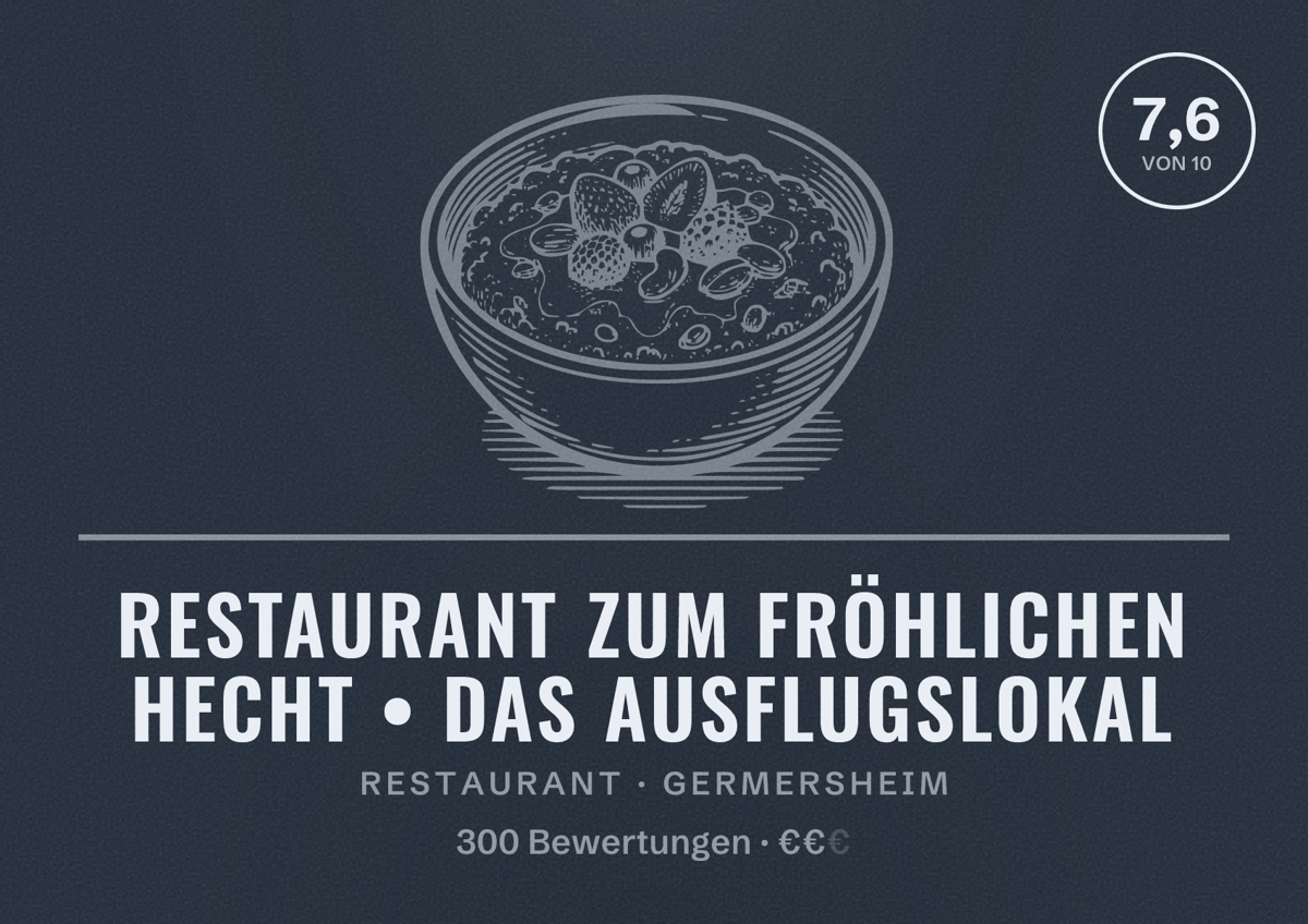 Illustriertes Poster von Restaurant Zum fröhlichen Hecht • das Ausflugslokal, Restaurant in Germersheim: Bewertung 7,6 von 10 aus 300 Bewertungen, Preisniveau €€