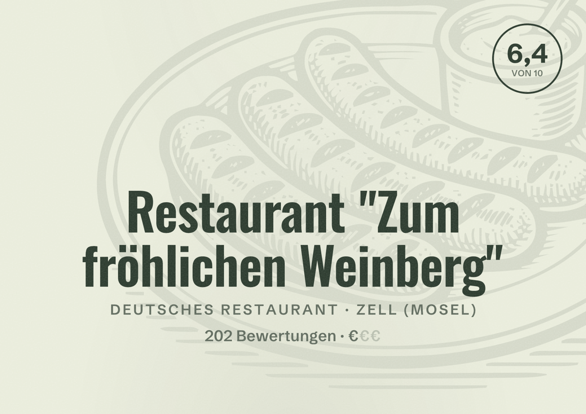 Illustriertes Poster von Restaurant "Zum fröhlichen Weinberg", Deutsches Restaurant in Zell (Mosel): Bewertung 6,4 von 10 aus 202 Bewertungen, Preisniveau €