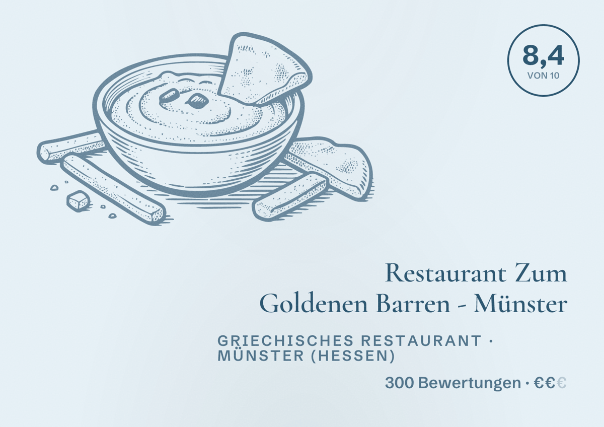 Illustriertes Poster von Restaurant Zum Goldenen Barren - Münster, Griechisches Restaurant in Münster (Hessen): Bewertung 8,4 von 10 aus 300 Bewertungen, Preisniveau €€