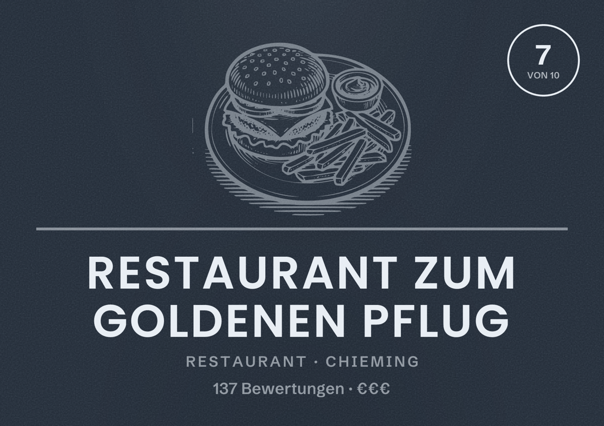 Illustriertes Poster von Restaurant zum Goldenen Pflug, Restaurant in Chieming: Bewertung 7 von 10 aus 137 Bewertungen, Preisniveau €€€