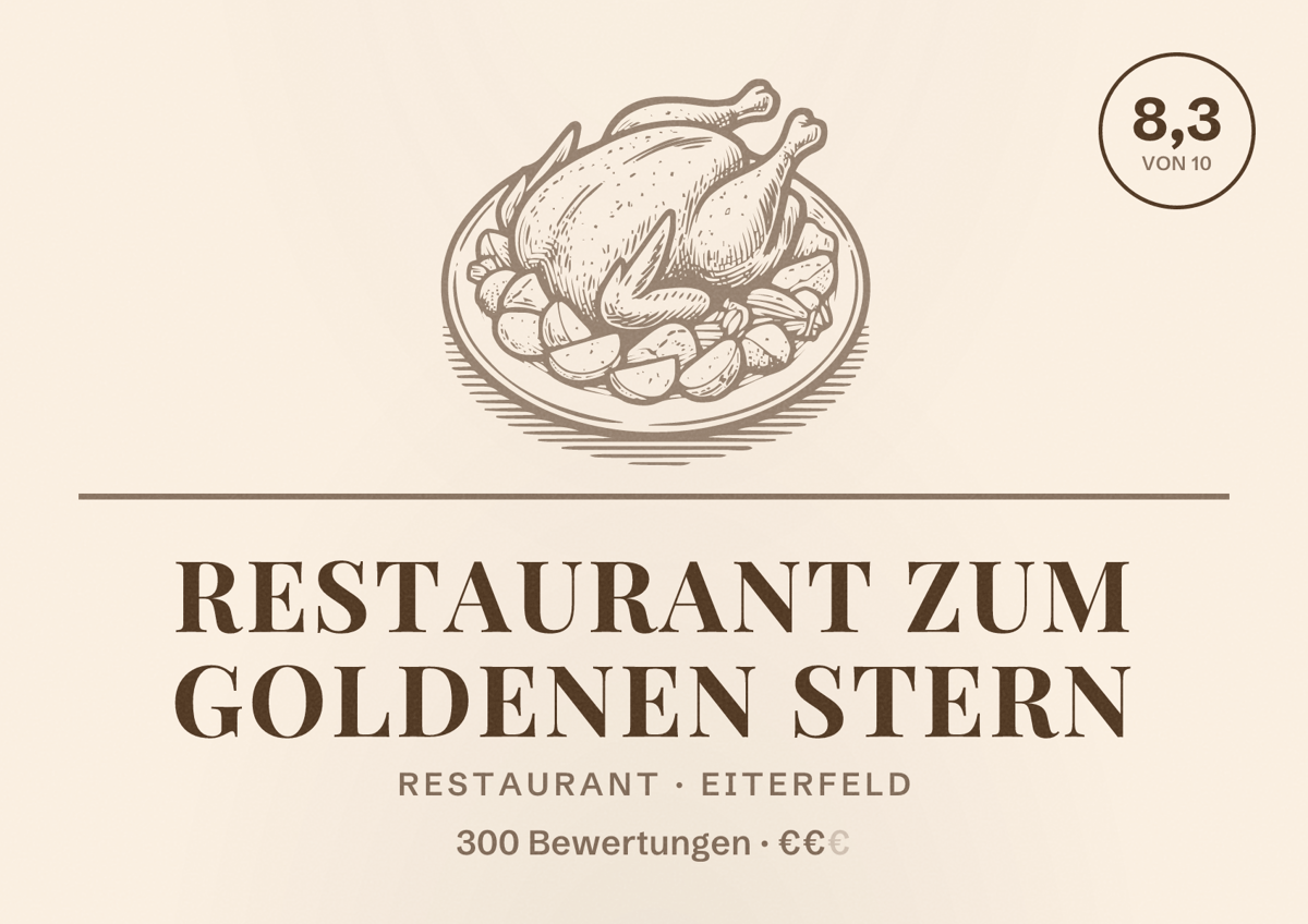 Illustriertes Poster von Restaurant Zum goldenen Stern, Restaurant in Eiterfeld: Bewertung 8,3 von 10 aus 300 Bewertungen, Preisniveau €€