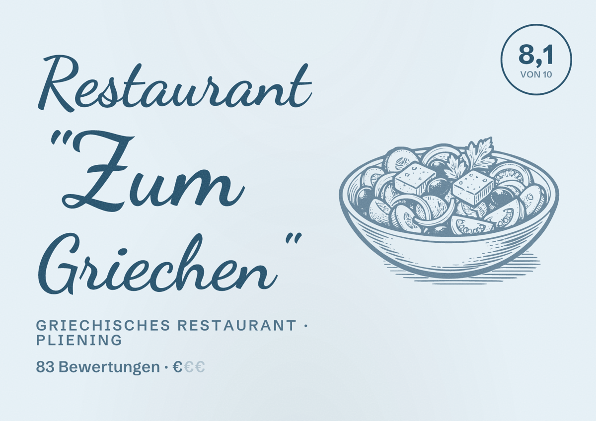 Illustriertes Poster von Restaurant "Zum Griechen", Griechisches Restaurant in Pliening: Bewertung 8,1 von 10 aus 83 Bewertungen, Preisniveau €