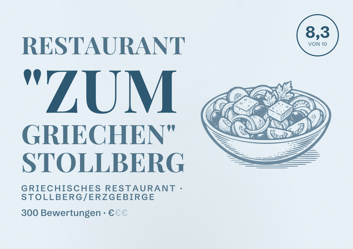Illustriertes Poster von Restaurant "Zum Griechen" Stollberg, Griechisches Restaurant in Stollberg/Erzgebirge: Bewertung 8,3 von 10 aus 300 Bewertungen, Preisniveau €