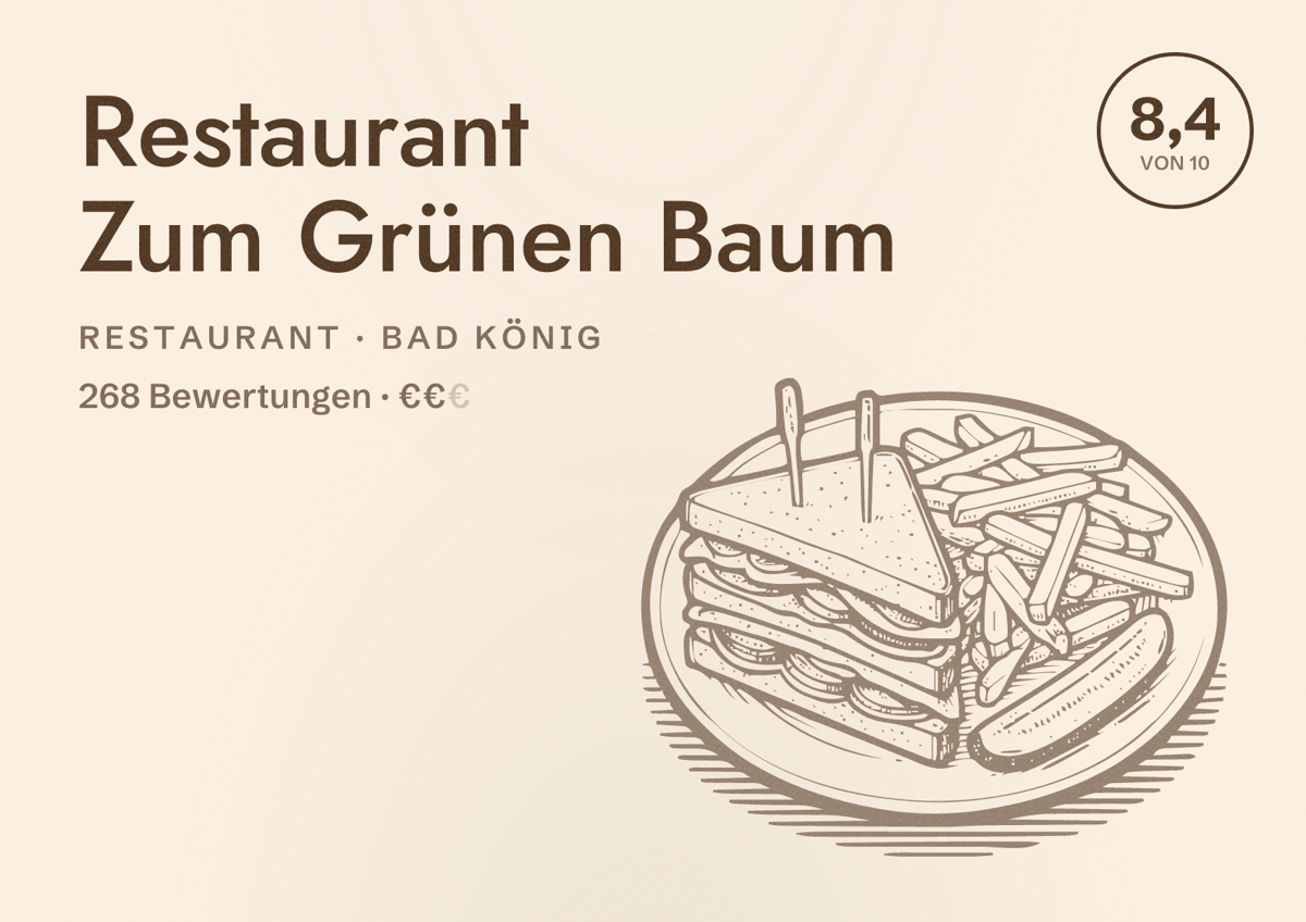 Illustriertes Poster von Restaurant Zum Grünen Baum, Restaurant in Bad König: Bewertung 8,4 von 10 aus 268 Bewertungen, Preisniveau €€