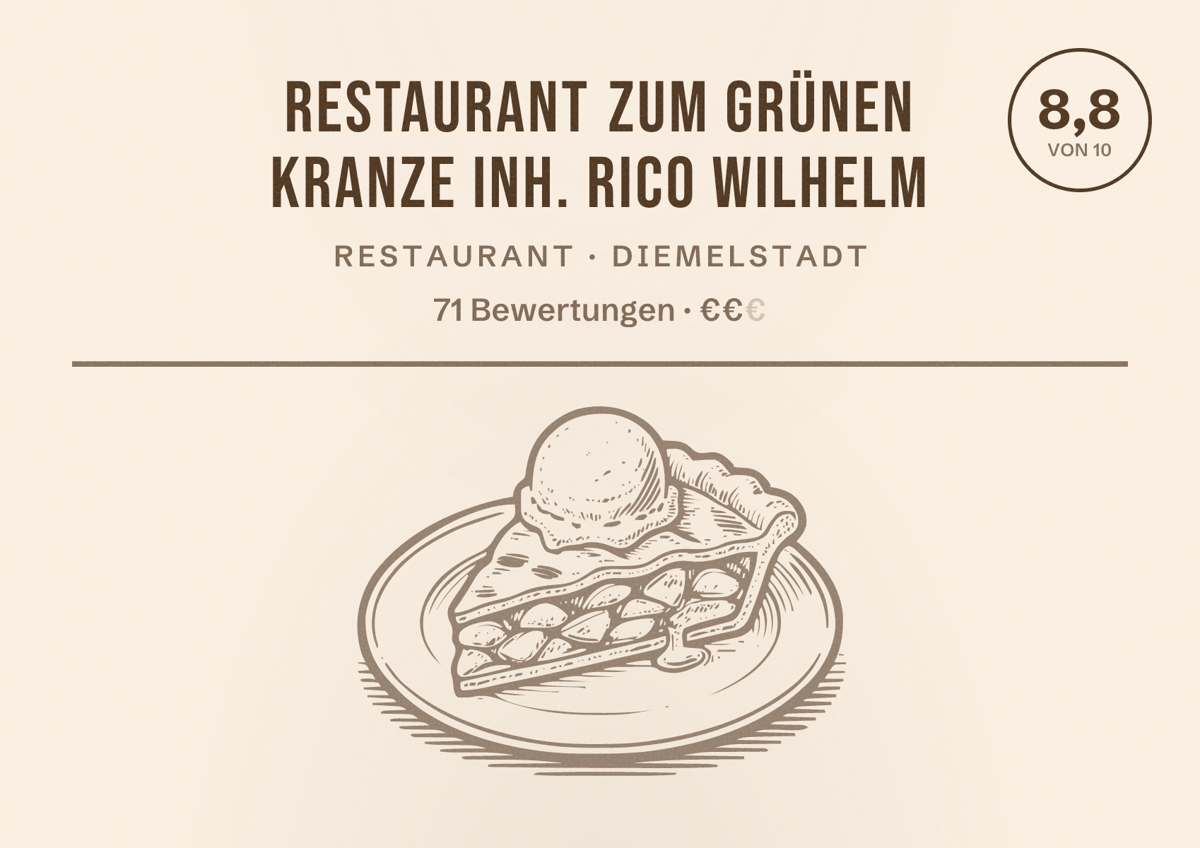 Illustriertes Poster von Restaurant Zum grünen Kranze Inh. Rico Wilhelm, Restaurant in Diemelstadt: Bewertung 8,8 von 10 aus 71 Bewertungen, Preisniveau €€