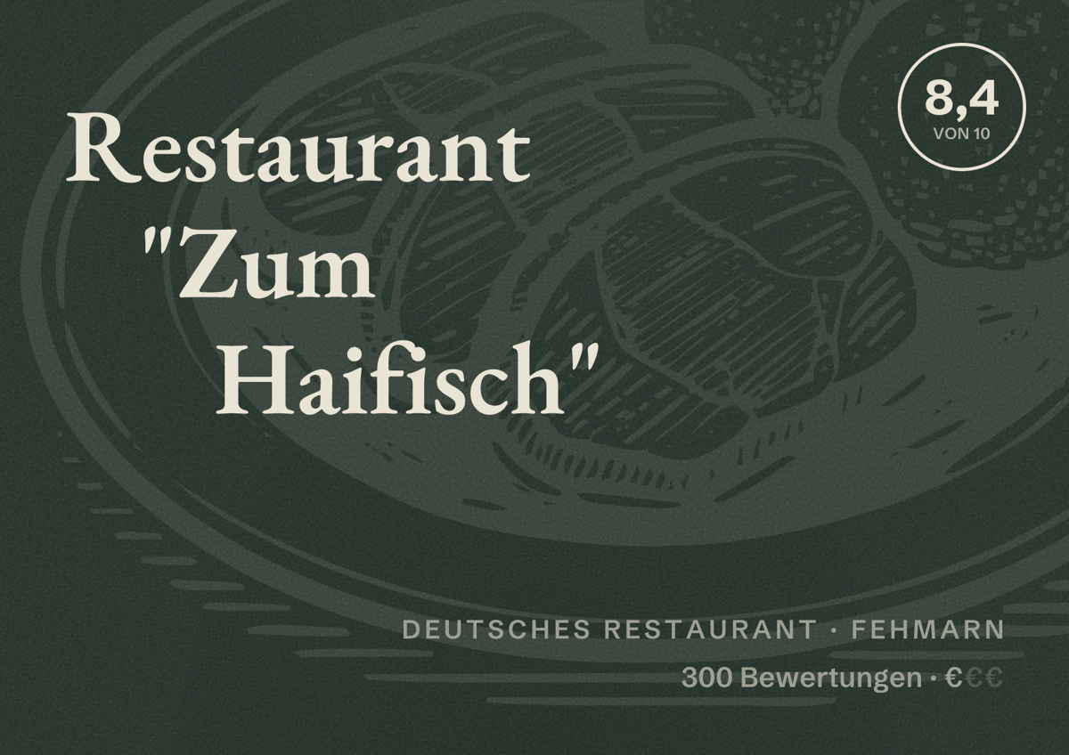 Illustriertes Poster von Restaurant "Zum Haifisch", Deutsches Restaurant in Fehmarn: Bewertung 8,4 von 10 aus 300 Bewertungen, Preisniveau €