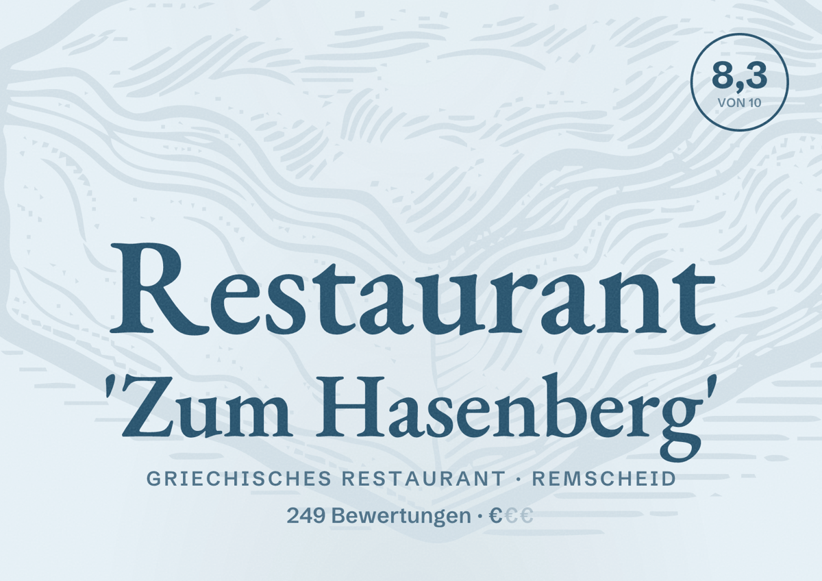 Illustriertes Poster von Restaurant 'Zum Hasenberg', Griechisches Restaurant in Remscheid: Bewertung 8,3 von 10 aus 249 Bewertungen, Preisniveau €