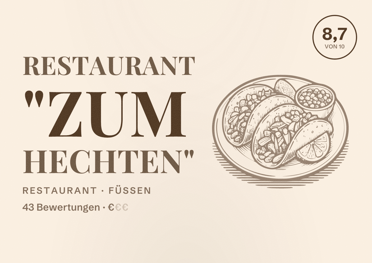 Illustriertes Poster von Restaurant "Zum Hechten", Restaurant in Füssen: Bewertung 8,7 von 10 aus 43 Bewertungen, Preisniveau €