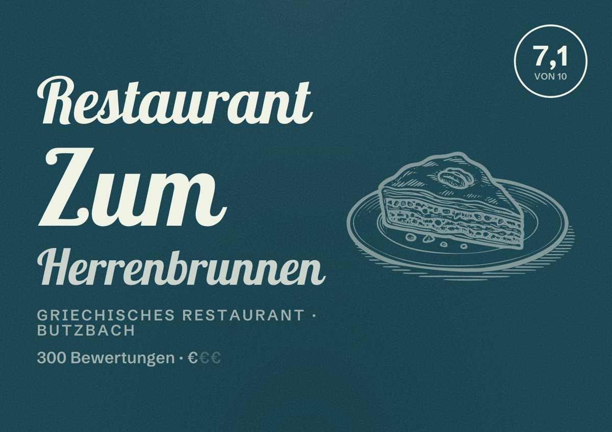 Illustriertes Poster von Restaurant Zum Herrenbrunnen, Griechisches Restaurant in Butzbach: Bewertung 7,1 von 10 aus 300 Bewertungen, Preisniveau €
