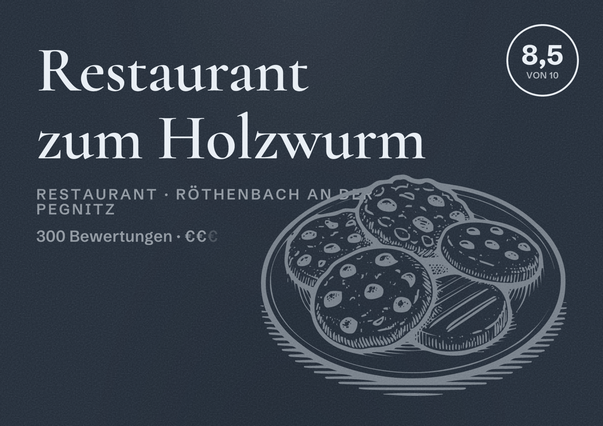 Illustriertes Poster von Restaurant zum Holzwurm, Restaurant in Röthenbach an der Pegnitz: Bewertung 8,5 von 10 aus 300 Bewertungen, Preisniveau €€