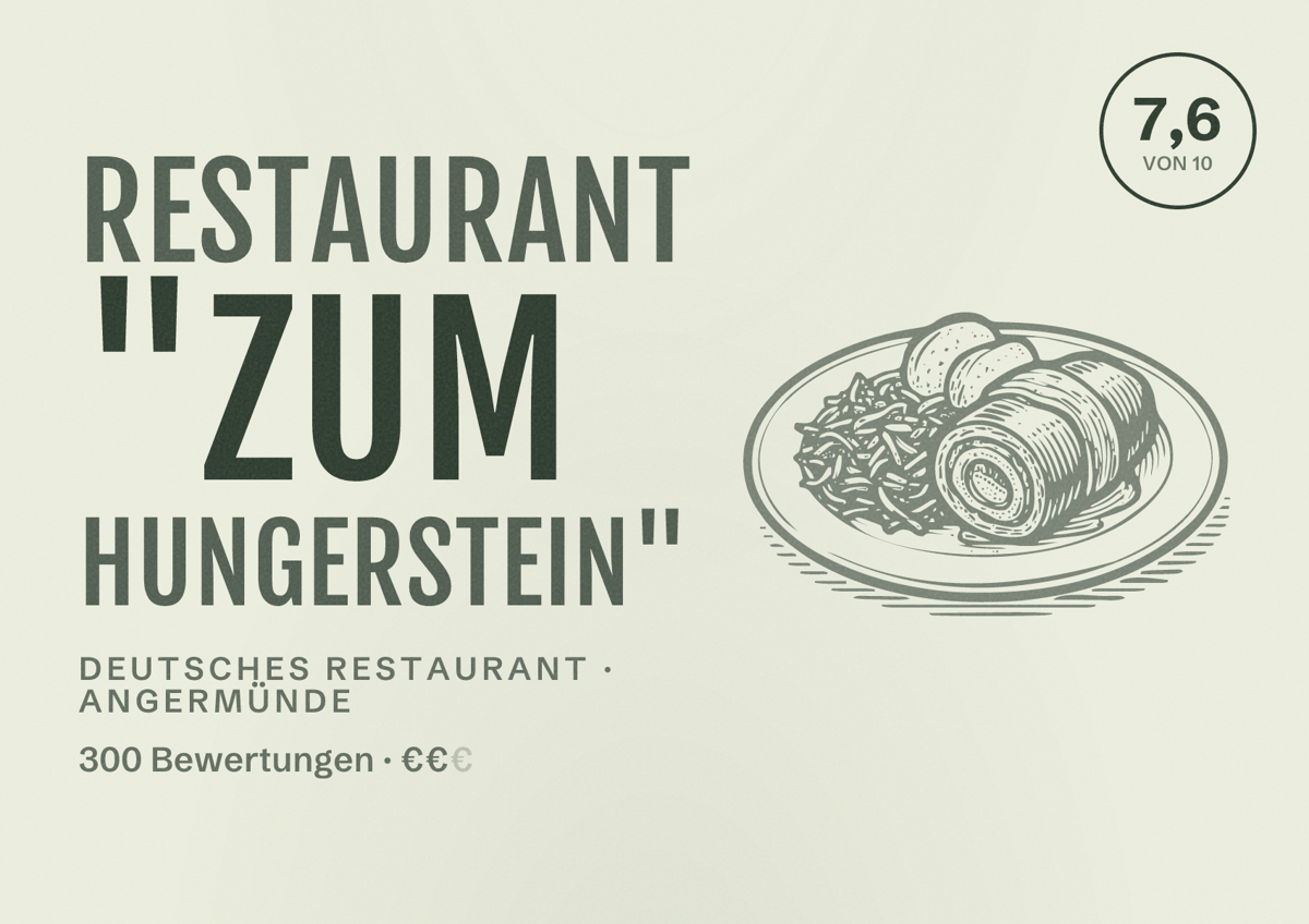 Illustriertes Poster von Restaurant "zum Hungerstein", Deutsches Restaurant in Angermünde: Bewertung 7,6 von 10 aus 300 Bewertungen, Preisniveau €€