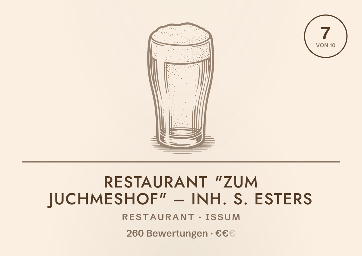 Illustriertes Poster von Restaurant "Zum Juchmeshof" – Inh. S. Esters, Restaurant in Issum: Bewertung 7 von 10 aus 260 Bewertungen, Preisniveau €€