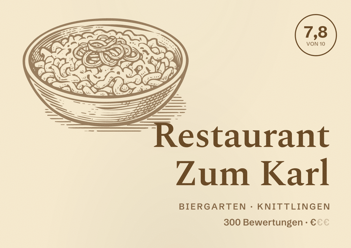 Illustriertes Poster von Restaurant Zum Karl, Biergarten in Knittlingen: Bewertung 7,8 von 10 aus 300 Bewertungen, Preisniveau €