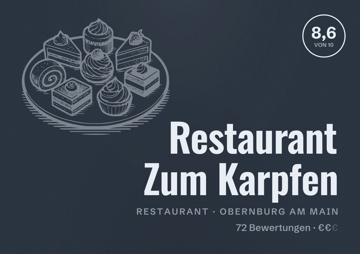 Illustriertes Poster von Restaurant Zum Karpfen, Restaurant in Obernburg am Main: Bewertung 8,6 von 10 aus 72 Bewertungen, Preisniveau €€