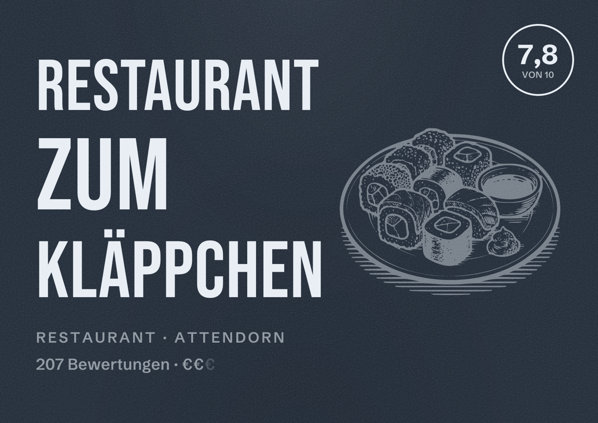 Illustriertes Poster von Restaurant Zum Kläppchen, Restaurant in Attendorn: Bewertung 7,8 von 10 aus 207 Bewertungen, Preisniveau €€