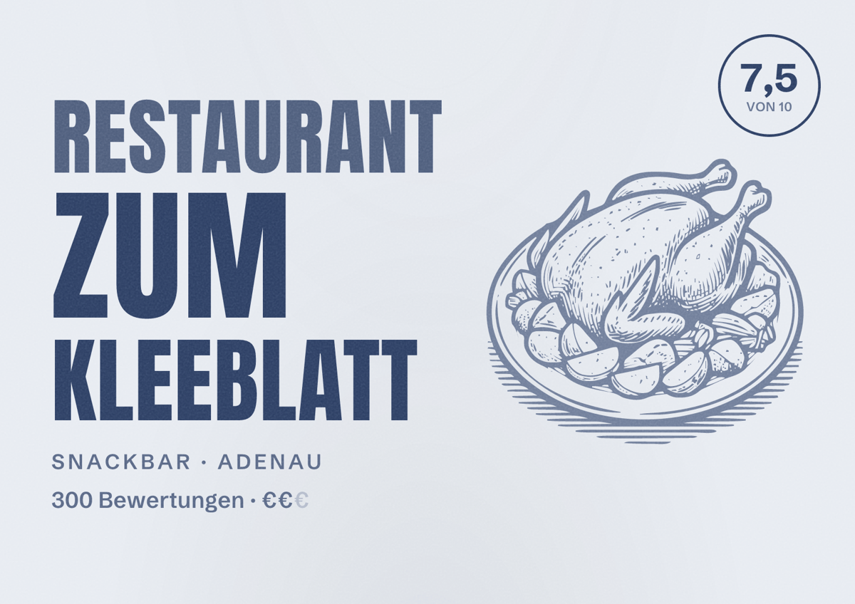 Illustriertes Poster von Restaurant zum Kleeblatt, Snackbar in Adenau: Bewertung 7,5 von 10 aus 300 Bewertungen, Preisniveau €€