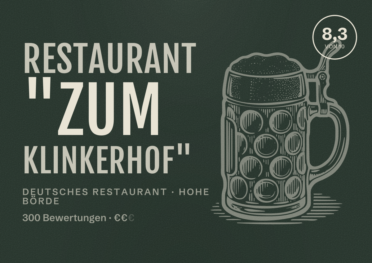 Illustriertes Poster von Restaurant "Zum Klinkerhof", Deutsches Restaurant in Hohe Börde: Bewertung 8,3 von 10 aus 300 Bewertungen, Preisniveau €€