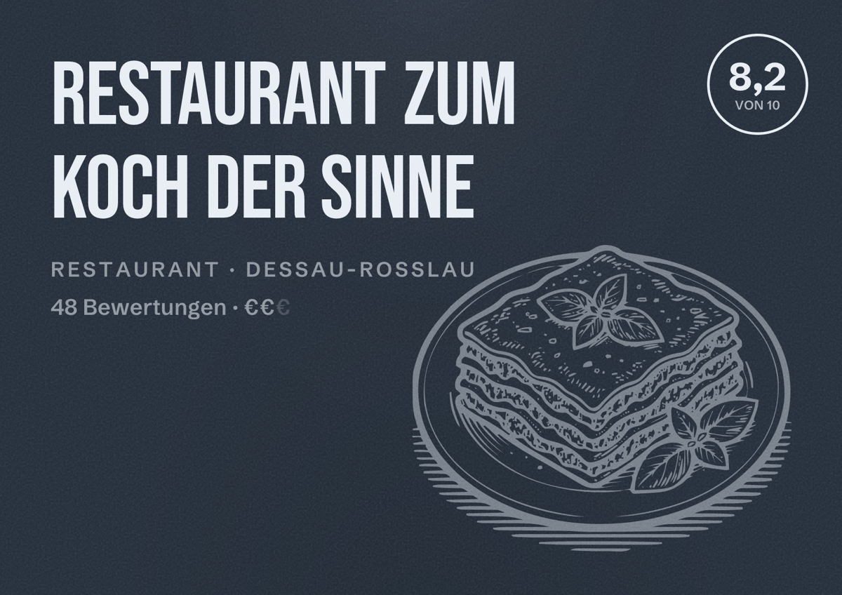 Illustriertes Poster von Restaurant Zum Koch der Sinne, Restaurant in Dessau-Roßlau: Bewertung 8,2 von 10 aus 48 Bewertungen, Preisniveau €€