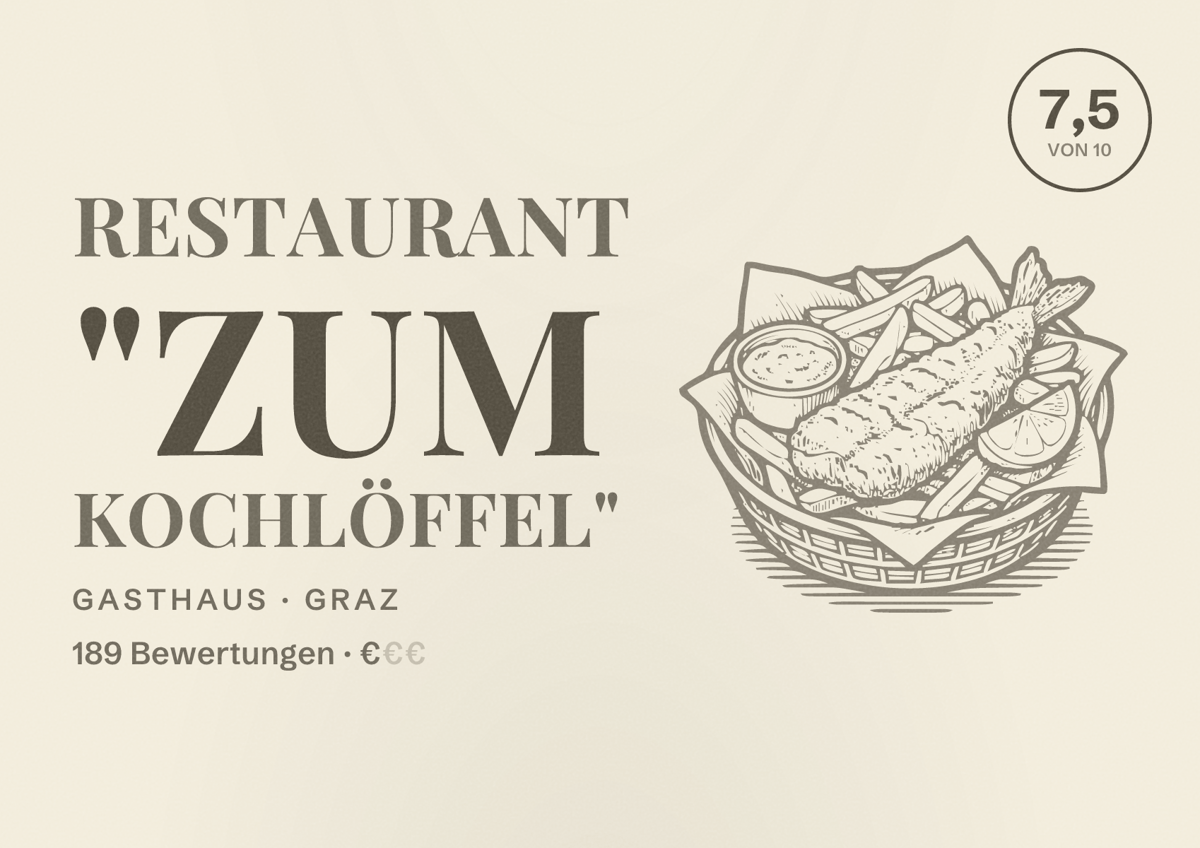 Illustriertes Poster von Restaurant "Zum Kochlöffel", Gasthaus in Graz: Bewertung 7,5 von 10 aus 189 Bewertungen, Preisniveau €
