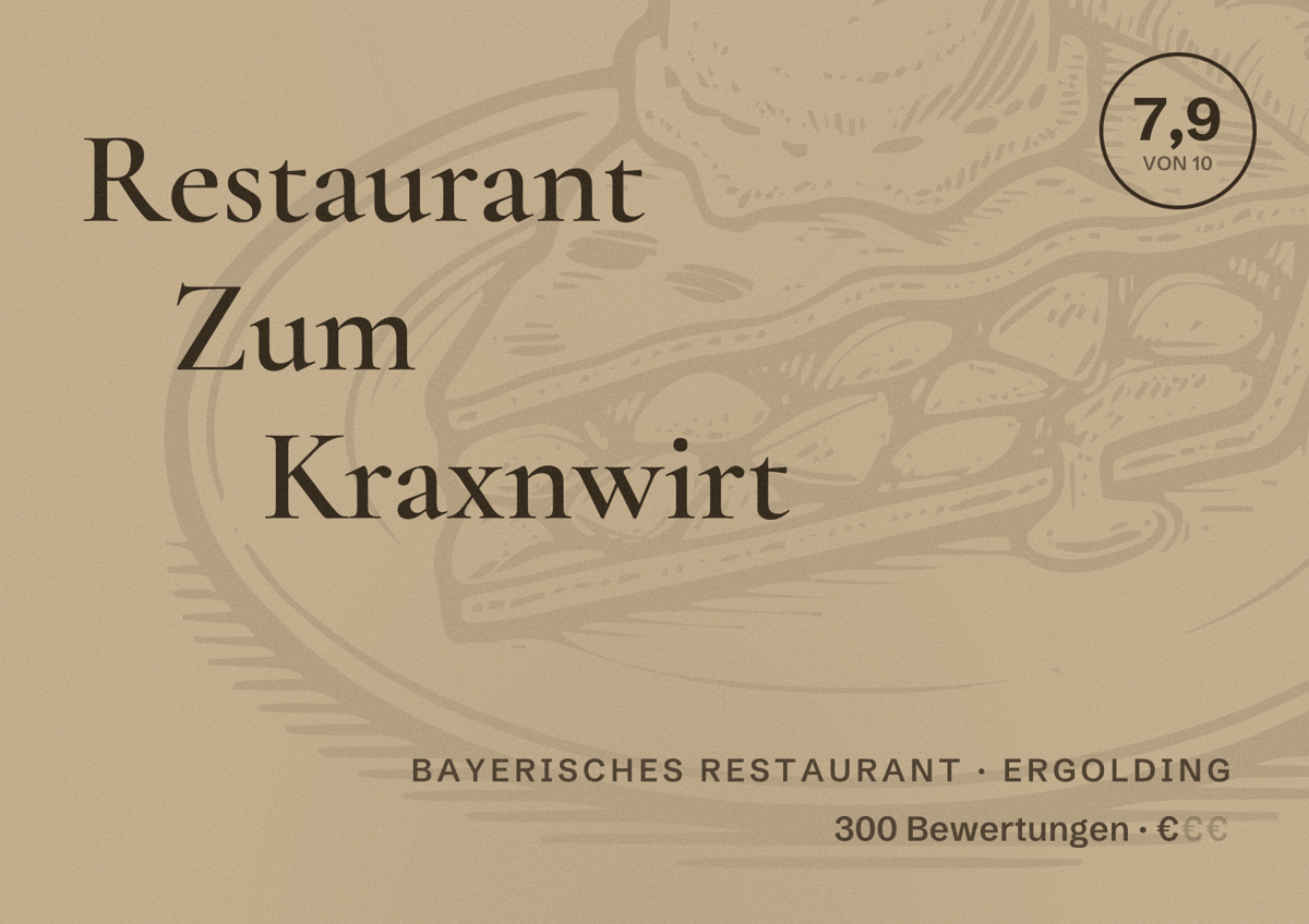 Illustriertes Poster von Restaurant Zum Kraxnwirt, Bayerisches Restaurant in Ergolding: Bewertung 7,9 von 10 aus 300 Bewertungen, Preisniveau €