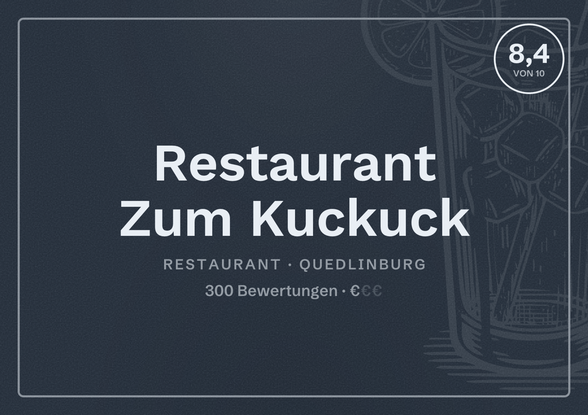 Illustriertes Poster von Restaurant Zum Kuckuck, Restaurant in Quedlinburg: Bewertung 8,4 von 10 aus 300 Bewertungen, Preisniveau €