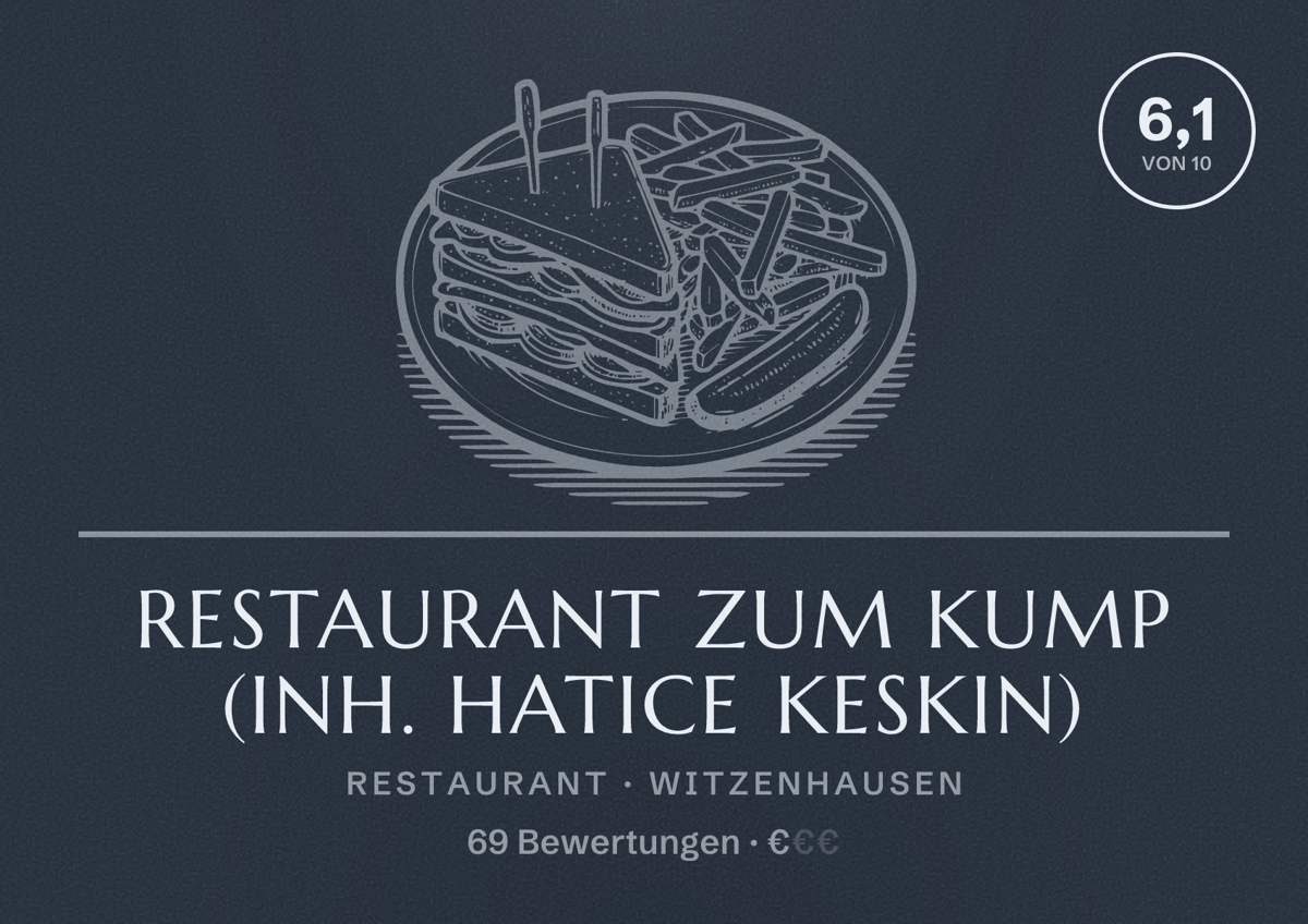 Illustriertes Poster von Restaurant Zum Kump (Inh. Hatice Keskin), Restaurant in Witzenhausen: Bewertung 6,1 von 10 aus 69 Bewertungen, Preisniveau €