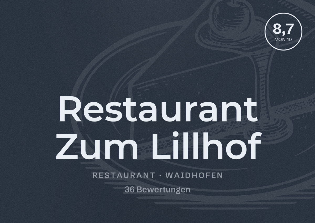 Illustriertes Poster von Restaurant Zum Lillhof, Restaurant in Waidhofen: Bewertung 8,7 von 10 aus 36 Bewertungen