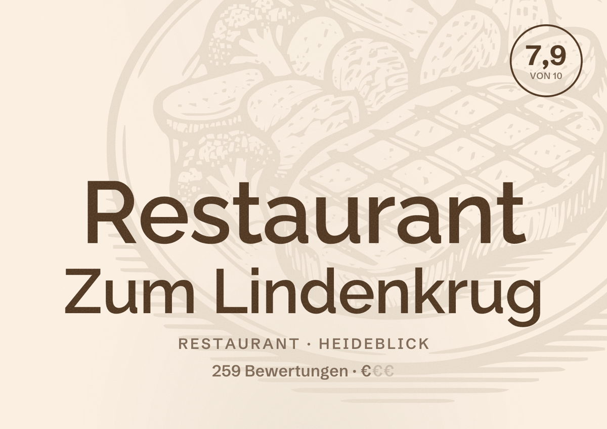 Illustriertes Poster von Restaurant Zum Lindenkrug, Restaurant in Heideblick: Bewertung 7,9 von 10 aus 259 Bewertungen, Preisniveau €
