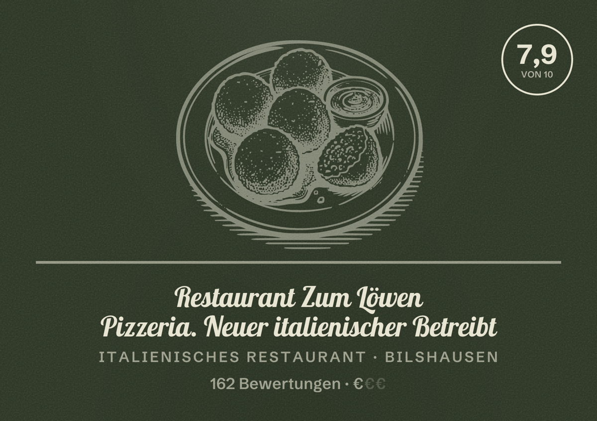 Illustriertes Poster von Restaurant Zum Löwen Pizzeria. Neuer italienischer Betreibt, Italienisches Restaurant in Bilshausen: Bewertung 7,9 von 10 aus 162 Bewertungen, Preisniveau €