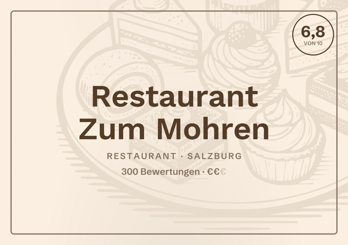 Illustriertes Poster von Restaurant Zum Mohren, Restaurant in Salzburg: Bewertung 6,8 von 10 aus 300 Bewertungen, Preisniveau €€