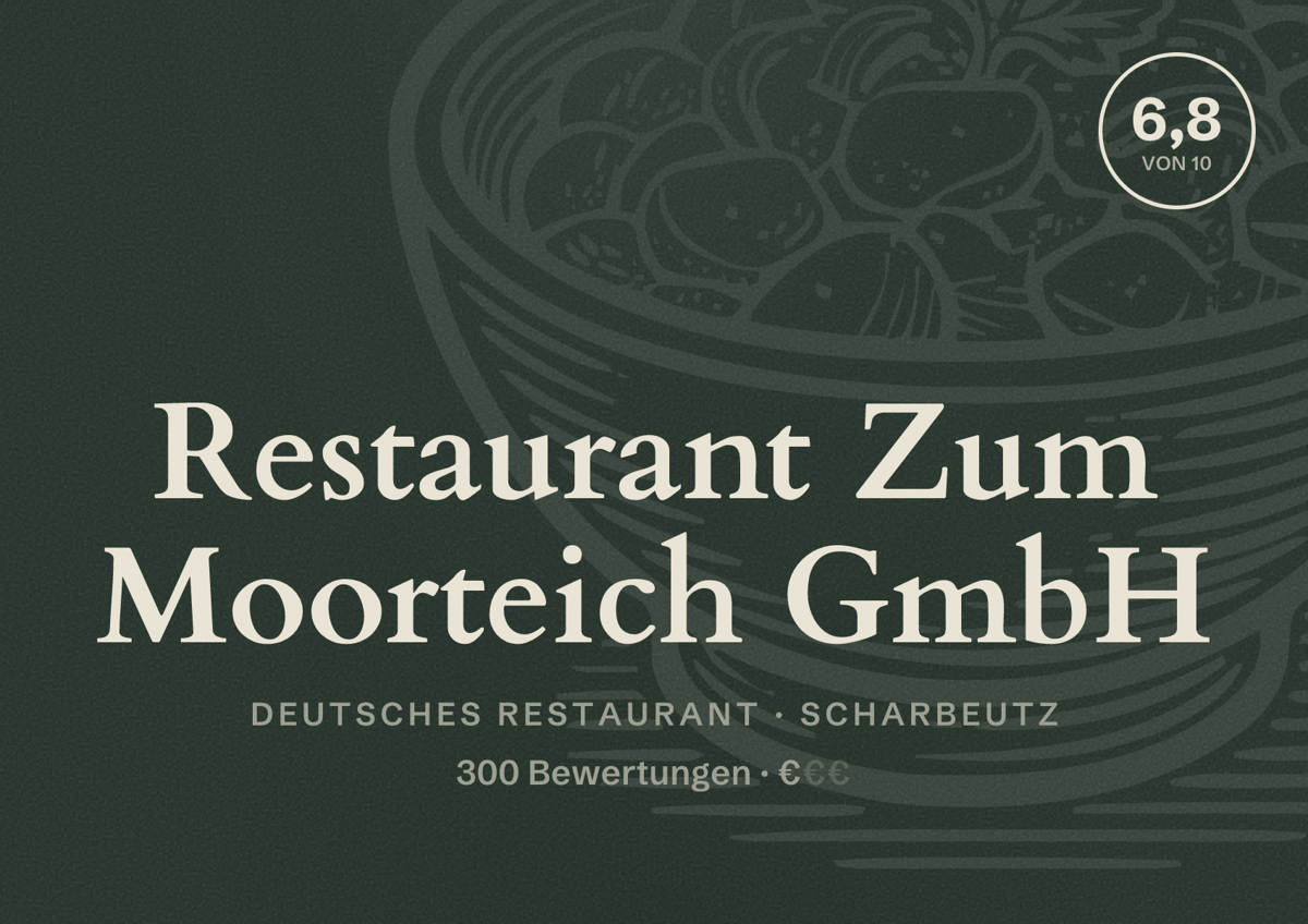 Illustriertes Poster von Restaurant Zum Moorteich GmbH, Deutsches Restaurant in Scharbeutz: Bewertung 6,8 von 10 aus 300 Bewertungen, Preisniveau €