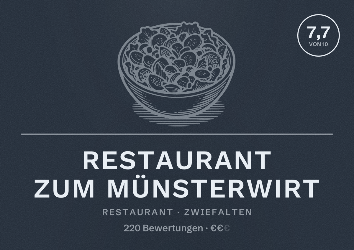 Illustriertes Poster von Restaurant zum Münsterwirt, Restaurant in Zwiefalten: Bewertung 7,7 von 10 aus 220 Bewertungen, Preisniveau €€