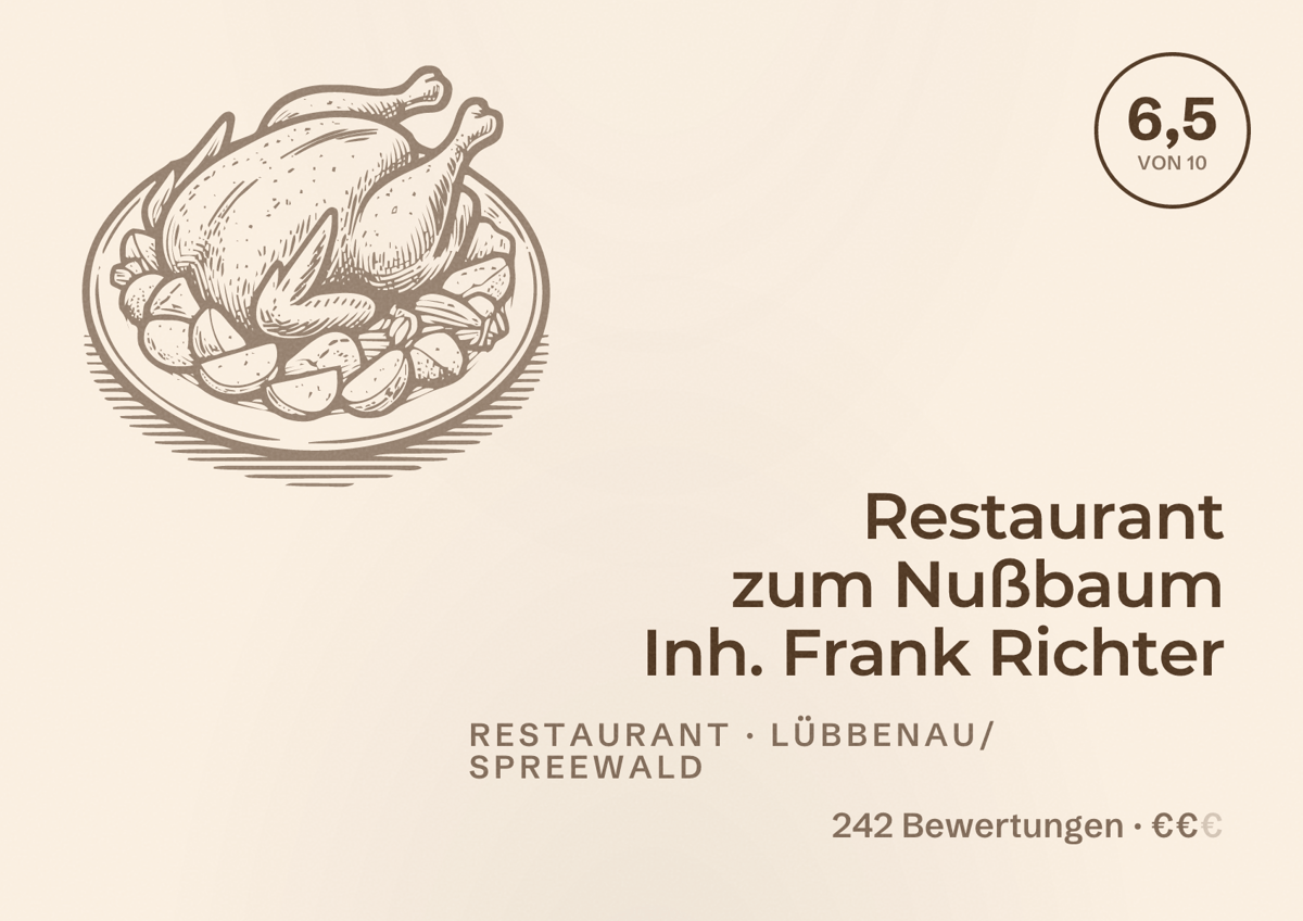 Illustriertes Poster von Restaurant zum Nußbaum Inh. Frank Richter, Restaurant in Lübbenau/Spreewald: Bewertung 6,5 von 10 aus 242 Bewertungen, Preisniveau €€