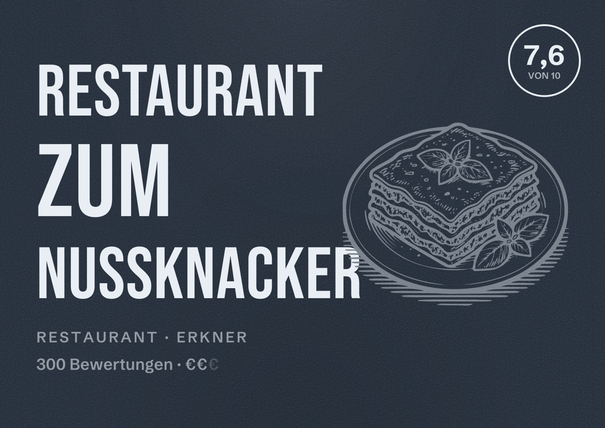 Illustriertes Poster von Restaurant Zum Nußknacker, Restaurant in Erkner: Bewertung 7,6 von 10 aus 300 Bewertungen, Preisniveau €€