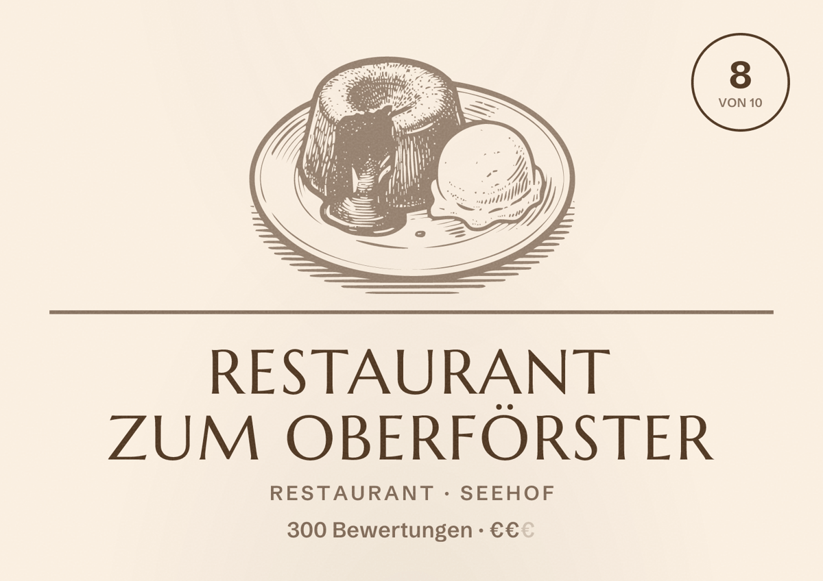 Illustriertes Poster von Restaurant Zum Oberförster, Restaurant in Seehof: Bewertung 8 von 10 aus 300 Bewertungen, Preisniveau €€