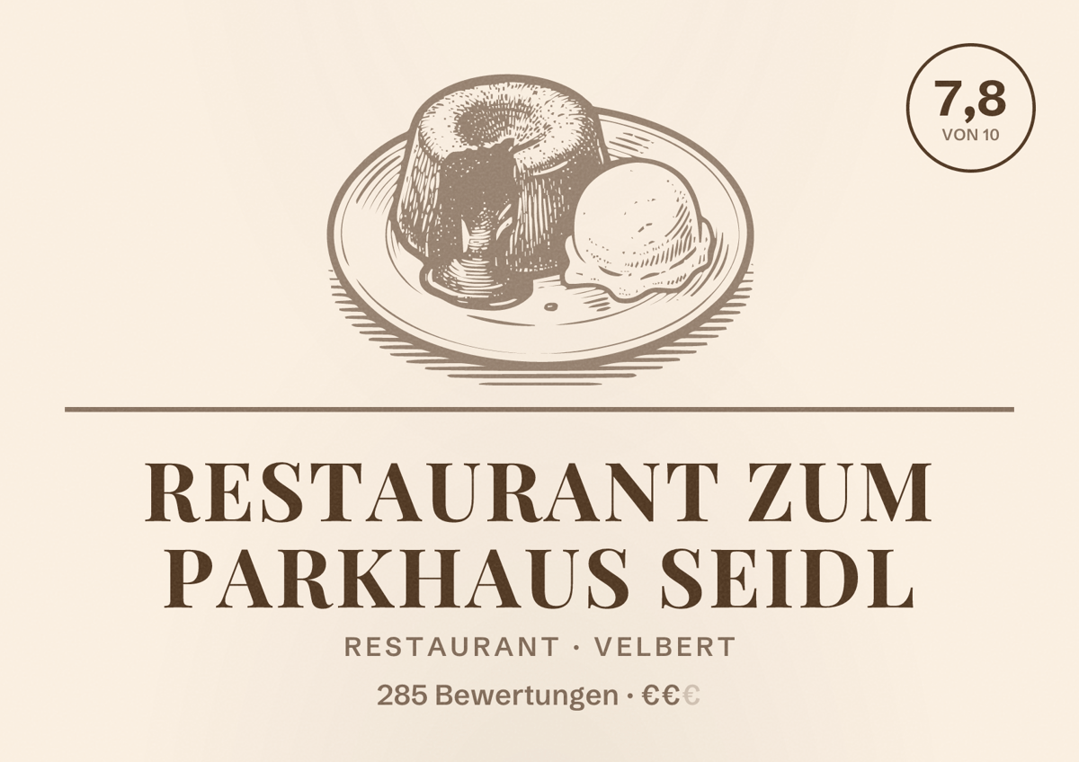 Illustriertes Poster von Restaurant zum Parkhaus Seidl, Restaurant in Velbert: Bewertung 7,8 von 10 aus 285 Bewertungen, Preisniveau €€