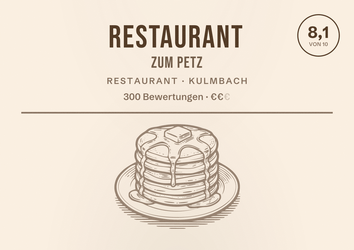 Illustriertes Poster von Restaurant Zum Petz, Restaurant in Kulmbach: Bewertung 8,1 von 10 aus 300 Bewertungen, Preisniveau €€
