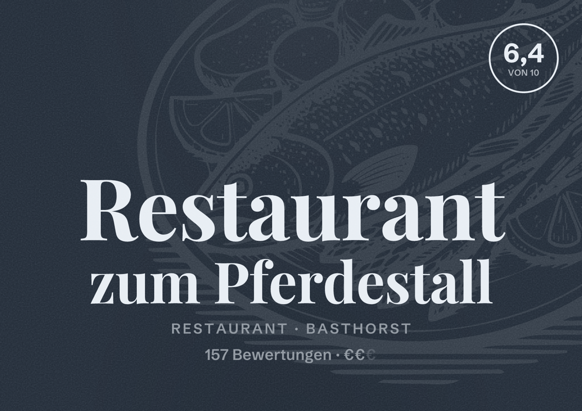 Illustriertes Poster von Restaurant zum Pferdestall, Restaurant in Basthorst: Bewertung 6,4 von 10 aus 157 Bewertungen, Preisniveau €€