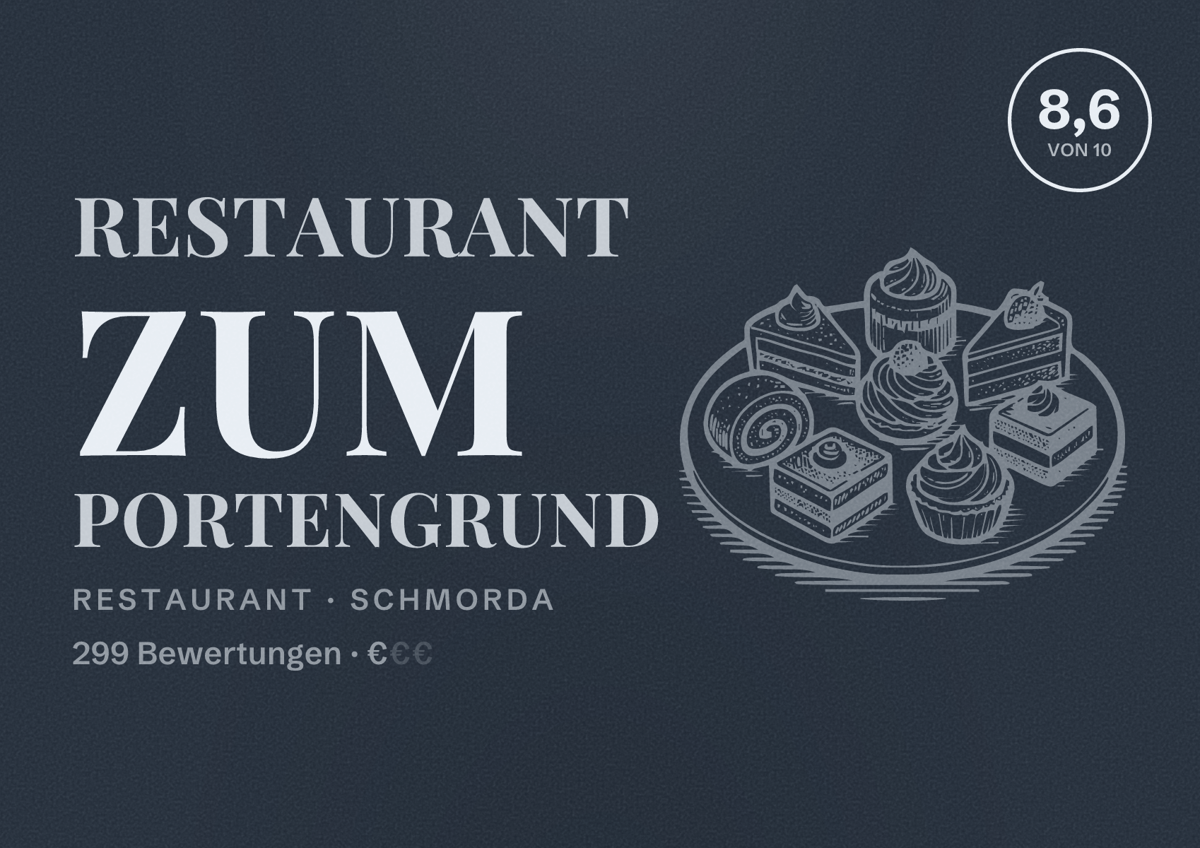 Illustriertes Poster von Restaurant Zum Portengrund, Restaurant in Schmorda: Bewertung 8,6 von 10 aus 299 Bewertungen, Preisniveau €