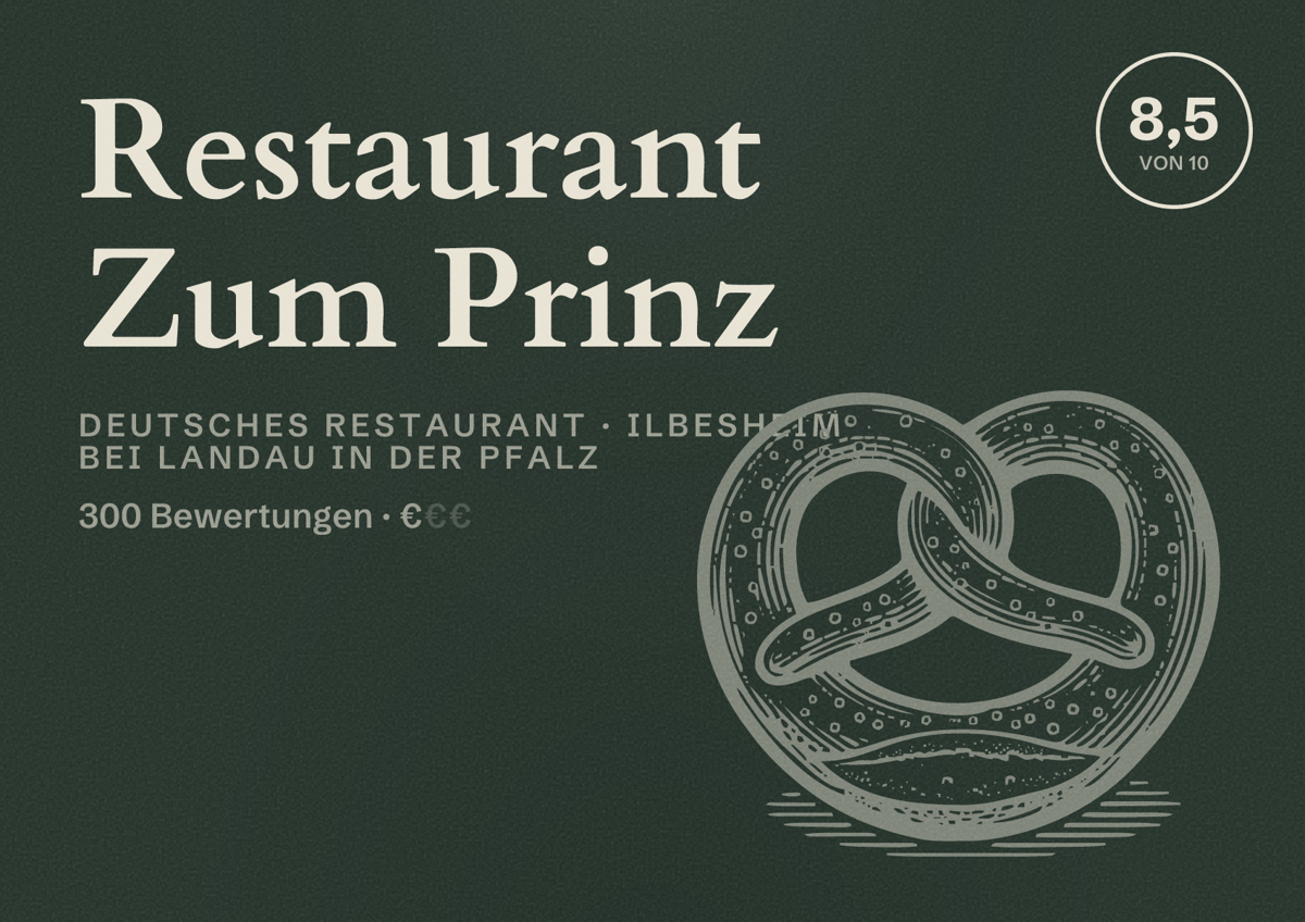 Illustriertes Poster von Restaurant Zum Prinz, Deutsches Restaurant in Ilbesheim bei Landau in der Pfalz: Bewertung 8,5 von 10 aus 300 Bewertungen, Preisniveau €