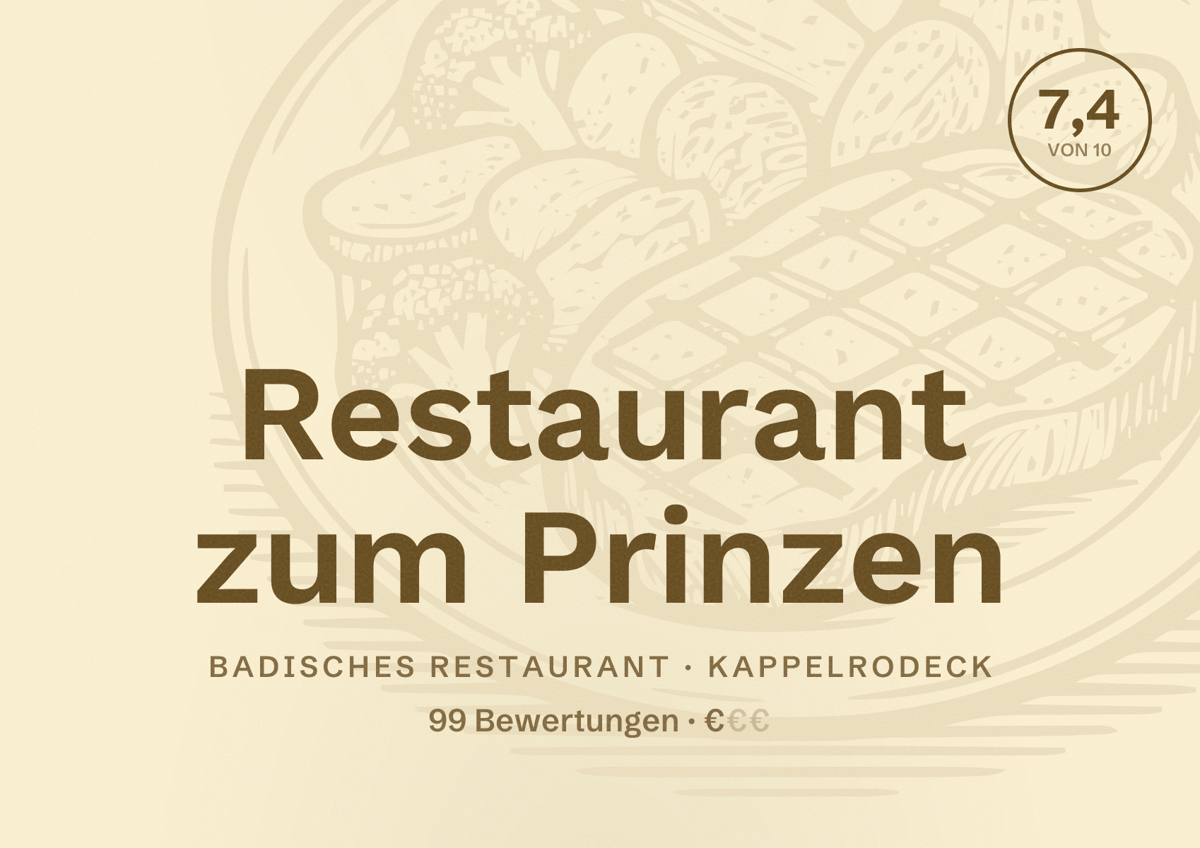 Illustriertes Poster von Restaurant zum Prinzen, Badisches Restaurant in Kappelrodeck: Bewertung 7,4 von 10 aus 99 Bewertungen, Preisniveau €
