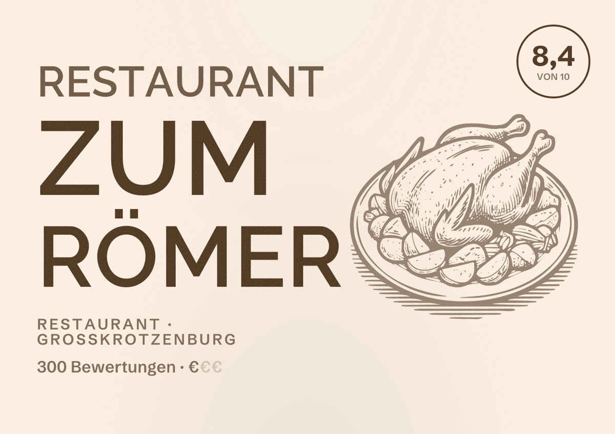 Illustriertes Poster von Restaurant Zum Römer, Restaurant in Großkrotzenburg: Bewertung 8,4 von 10 aus 300 Bewertungen, Preisniveau €