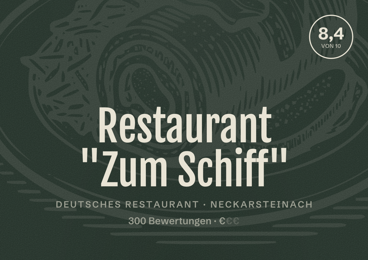 Illustriertes Poster von Restaurant "Zum Schiff", Deutsches Restaurant in Neckarsteinach: Bewertung 8,4 von 10 aus 300 Bewertungen, Preisniveau €